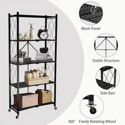 Image de Organiseur de cuisine pliable à roulettes – Étagère de cuisine à 5 niveaux – Chariot encastrable pour la cuisine ou le débarras