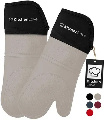 Image de Unyqoos® KitchenLove : Lot de 2 gants de cuisine en silicone – Gants de protection contre la chaleur, s EN407, résistants jusqu'à 350 °C, couleur beige, taille unique, dimensions : 38 x 18 x 3 cm