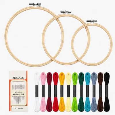 Stickrahmen-Set 3-tlg., Bambus, 10/15/20 cm, 16 Nadeln, 12 Garne
