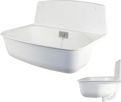 A white plastic sink basin with a backsplash, shown from a slightly elevated angle. A smaller, similar sink is shown in the lower right corner.