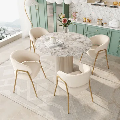 Immagine prodotto di Sedia da pranzo MODFU, confezione da 4 pezzi, sedia imbottita, sedia per la cucina, sedia per il soggiorno, gambe dorate, colore bianco