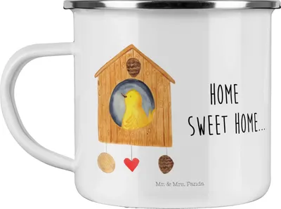 Produktbild von Mr. & Mrs. Panda Teebecher Vogelhaus Home - Weiß - Geschenk, Hausbau, Umzug, Haus, Tasse Emaille, Pott, Becher, Vogel, Outdoor, Lustige Sprüche