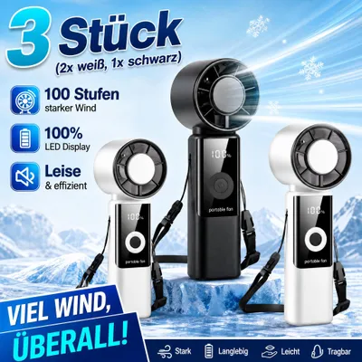 Produktbild von 3er Tragbarer Handventilator, Faltbar Mini Ventilator mit 4000 mAh Akku bis 16 Std. Laufzeit, LED-Display, 1-199 Geschwindigkeitsstufen, Leise