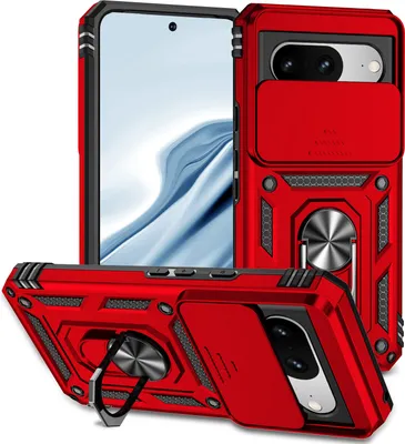 Image de Étui pour Google Pixel 8 étui double couche avec couvercle coulissant pour appareil photo et support annulaire rouge