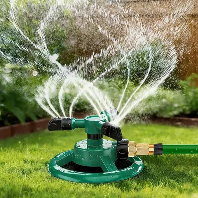 Immagine prodotto di Irrigatore da prato rotante 360 gradi - 3 bracci - ABS - Per giardino - Diametro 7,3 a 9,8 m - Sprinkler per tubo da giardino