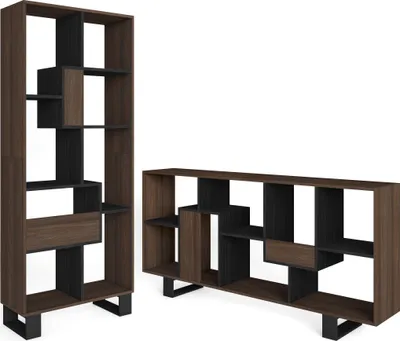 Image de VERSO Étagère Bibliothèque, 67x31x174cm, Design industriel, Chêne foncé et Noir