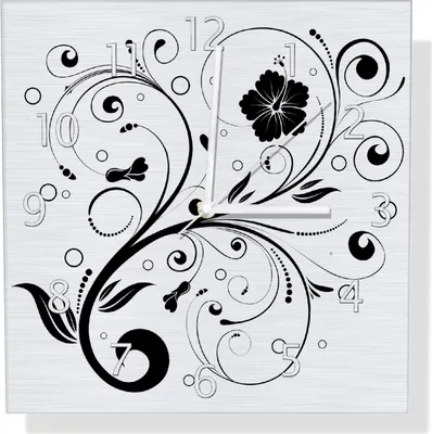 Produktbild von Wallario Design Wanduhr Schnörkelmuster in schwarz weiß mit Blumen und Kreisen aus Aluverbund, Größe 30 x 30 cm