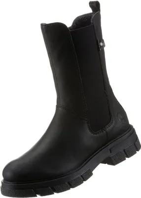 A black Chelsea boot is shown against a white background.