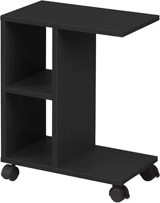 A black side table with wheels and shelves, shown against a white background.