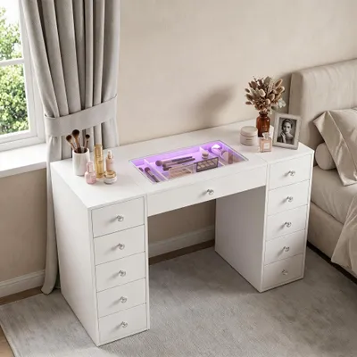 Zdjęcie produktu dla VANITII stolik do makijażu z podświetleniem LED 11 szuflad biały 130 cm – nowoczesne lustro do sypialni