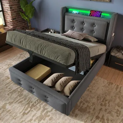 Productafbeelding van Boxspringbed 90x200 cm, grijs, van katoen, met opbergruimte, LED-hoofdeinde, USB-C-poort en stopcontact, bedframe met lattenbodem voor de slaapkamer