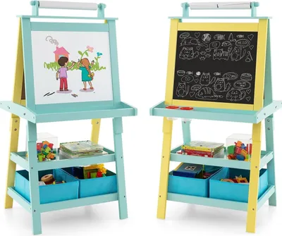 Produktbild von COSTWAY 3 in 1 Kinder Staffelei, Kindertafel doppelseitig, Whiteboard & Kreidetafel & Zeichenpapier, Standtafel inkl. Magneten, 2 Regalebenen Holztafel mit 2 Aufbewahrungsboxen (Blau+Gelb)