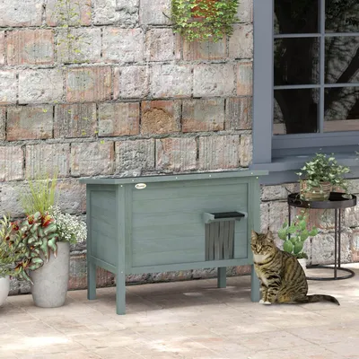 Produktbild von Katzenhaus Outdoor, Katzenhütte wetterfest Tanenholz, mit Vorhang-Tür & Fenster, Dunkelgrau |85 x 50 x 68,5 cm | 10,5 kg | Asphaltdach