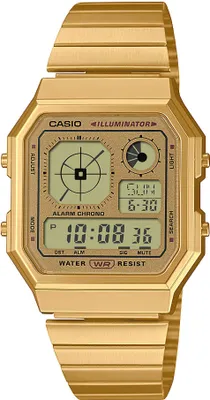 A close-up, front-facing studio shot of a gold-colored digital watch with a metal band, presented on a white background.