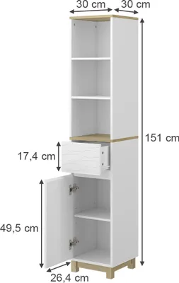 A diagram of a tall, narrow cabinet with dimensions indicated.