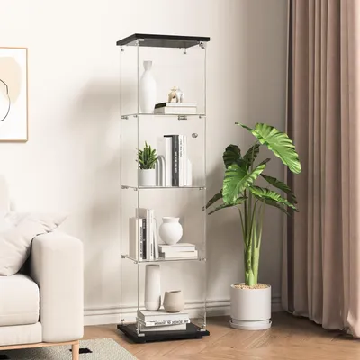 Immagine prodotto di Vetrina espositiva a 4 ripiani, in vetro e legno, con serratura, colore nero, dimensioni 164x42,5x36,5 cm