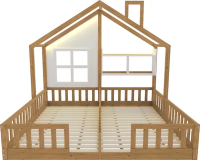 Produktbild von Hausbett für Kinder - Einzelbett - Maße 90 x 200 cm - Holz - Fenster & Schornstein - Sicherheitstüren - LED-Beleuchtung - Armygrün