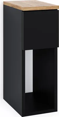 A black bedside table with a wooden top.