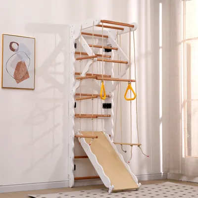 Produktbild von okwish 6-in-1 Multifunktions Klettergerüste, Sprossenwand.Sperrholz, Massivholz, Buche. 50KG. Rutsche, Schaukel, Krabbelleiter, Klettergerüst, Klimmzugsbereich. Ringe. Jungle Gym-Set.