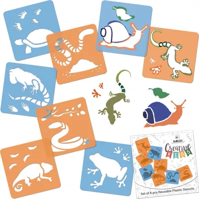 Produktbild von Schablonen Malen für Kinder, 8 Stück Set 15x15 cm Reptilien Amphibien, Kinder Kreatives Zeichenschablonen, Kunststoff Wiederverwendbar Malschablone