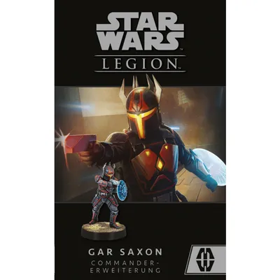 The image shows the packaging for a Star Wars Legion Gar Saxon Commander unit expansion, featuring artwork of the character and a miniature.