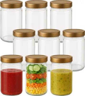 Produktbild von gouveo 9er Set Vorratsgläser 550 ml mit Schraubdeckel goldfarben (Deep) - Große Einmachgläser für Overnight Oats