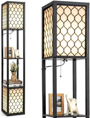 Image de Lampe sur pied en bois, 156 cm de haut, avec deux douilles E27, idéale pour créer une ambiance chaleureuse dans votre salon ou votre chambre