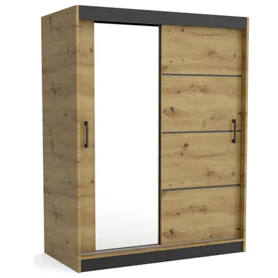 A product shot of a wardrobe with sliding doors, one of which is a mirror.