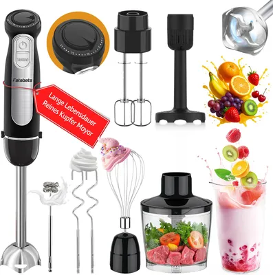 Produktbild von Fetabeta Stabmixer 1100 W, 21+ TURBO Geschwindigkeiten, Edelstahlklingen, 9-in-1 Zubehörset, 600 ml Messbecher & 500 ml Zerkleinerer, Schwarz