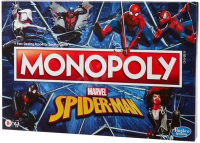 The image shows the box for the Monopoly Spider-Man board game.