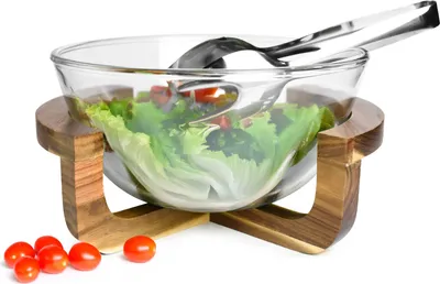 Produktbild von Salatschale aus Glas mit Salatbesteck auf Holz-Gestell Schale Schüssel