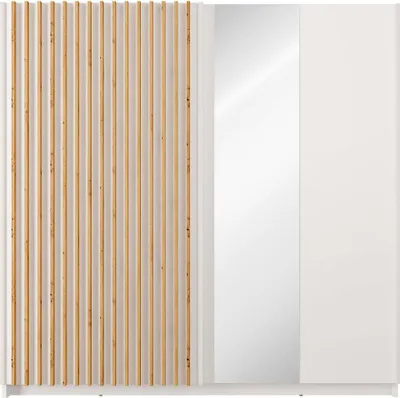 Produktbild von Kleiderschrank mit 2 Schiebetüren - Mit Spiegel - 200 cm - Weiß & Holzfarben - TINDANIA