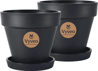 Immagine prodotto di Vyveo - Vaso da fiori Oslo con sottovaso - Set da 2 - Nero - 16x14