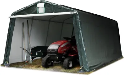 A dark green carport tent is shown with a red riding mower and gardening tools inside.