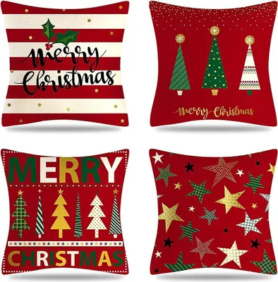 Produktbild von Dekokissenbezug Leinen 4er Set Weihnachtskissenbezug 45x45cm Dekokissenbezug Frohe Weihnachten Schlafzimmer Dekokissen Atmungsaktiv Weich
