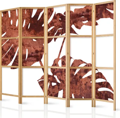 Produktbild von Paravent XXL Monstera Blätter Natur 225x171 cm - 5-teilig - Deutsches Qualitäts Vlies - Leinwand - eleganter Sichtschutz - Raumteiler - Trennwand - Raumtrenner - Holz - Weiß - Deko - Japan b-C-0385-z-c