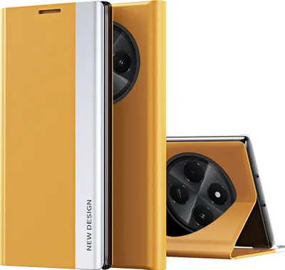 A yellow flip case for a smartphone is shown, with the phone partially visible inside. The case is open, revealing the phone's camera module. Another phone with the case is propped up in the background.