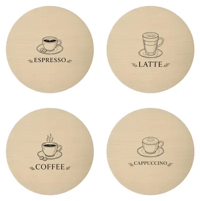 Zdjęcie produktu dla Drewniane podkładki pod kubki z grawerem – zestaw 4 szt. Coffee Latte Cappuccino Espresso, buk 10 cm