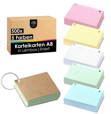 Image de OfficeTree 500 fiches A8 - 5 couleurs - Fiches A8 avec anneau et boîte