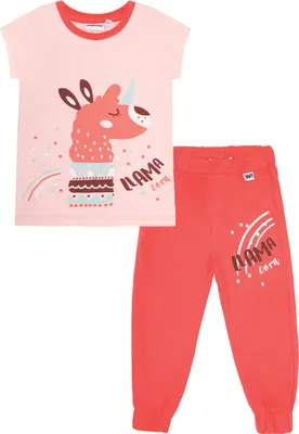 Produktbild von Mädchenpyjamas kurze Ärmel, lange Hose Lama  - Hellrosa/Koralle - 116
