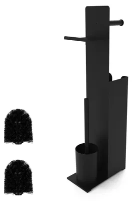 Produktbild von Relaxdays WC Garnitur, HxBxT: 67 x 22 x 12 cm, stehender Klopapierhalter, Klobürste, Ersatzrollenhalter, Ablage, schwarz