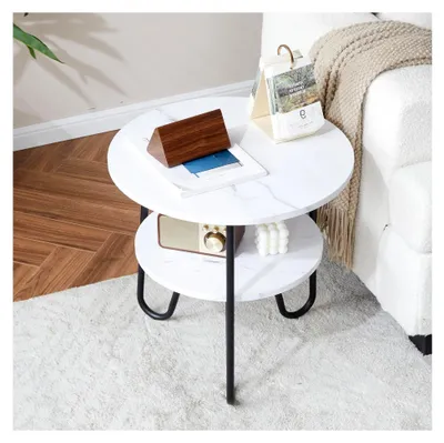 Produktbild von Runder Beistelltisch aus Holz mit 2 Etagen Marmor für das Wohnzimmer, kleiner Sofatisch in Weiß (50 cm)