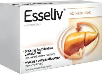 A product box for Esseliv capsules, featuring an illustration of a liver.