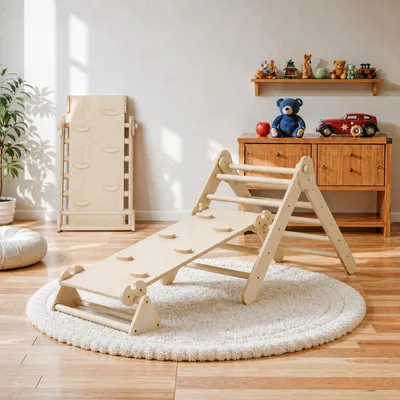Image de COSYLAND, structure d'escalade intérieure, triangle d'escalade 3-en-1 avec toboggan, pliable