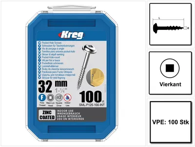 Produktbild von KREG Pocket-Hole Linsenkopfschraube 32 mm 100 Stk ( SML-F125-100 ) Vierkantantrieb Teilgewinde Feingewinde selbstschneidend verzinkt