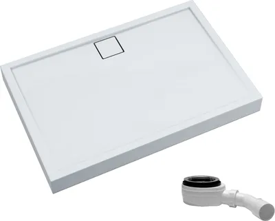 A white rectangular shower tray with a square drain cover and a separate white drain fitting shown in the foreground.