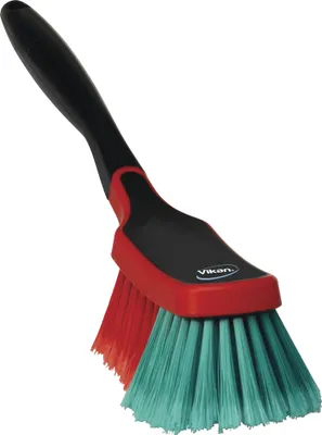 A cleaning brush with a black handle and red and teal bristles, isolated on a white background.