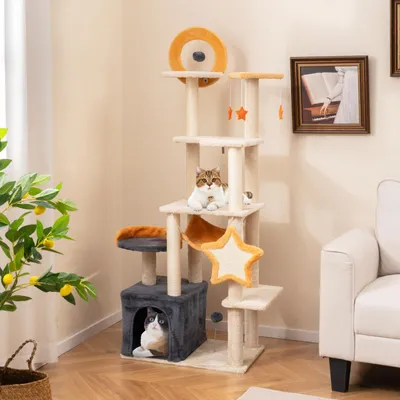 Produktbild von GOPLUS 160 cm Kratzbaum groß, Katzenbaum mit Plattformen, 2 Sitzstangen, Hängematte, Höhle, Sisalkratzbrettern, Klettermöbel für Kätzchen