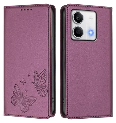 Produktbild von Lederhülle für Xiaomi Redmi Note 13 5G, Schmetterling Prägung Leder Brieftasche Schutzhülle mit Ständer Lila