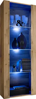 Produktbild von Komodee | Vitrine Schrank Tivoli mit 3 Regalböden, Korpus Wotan Matt Frontfarbe Wotan Matt, LED Blau